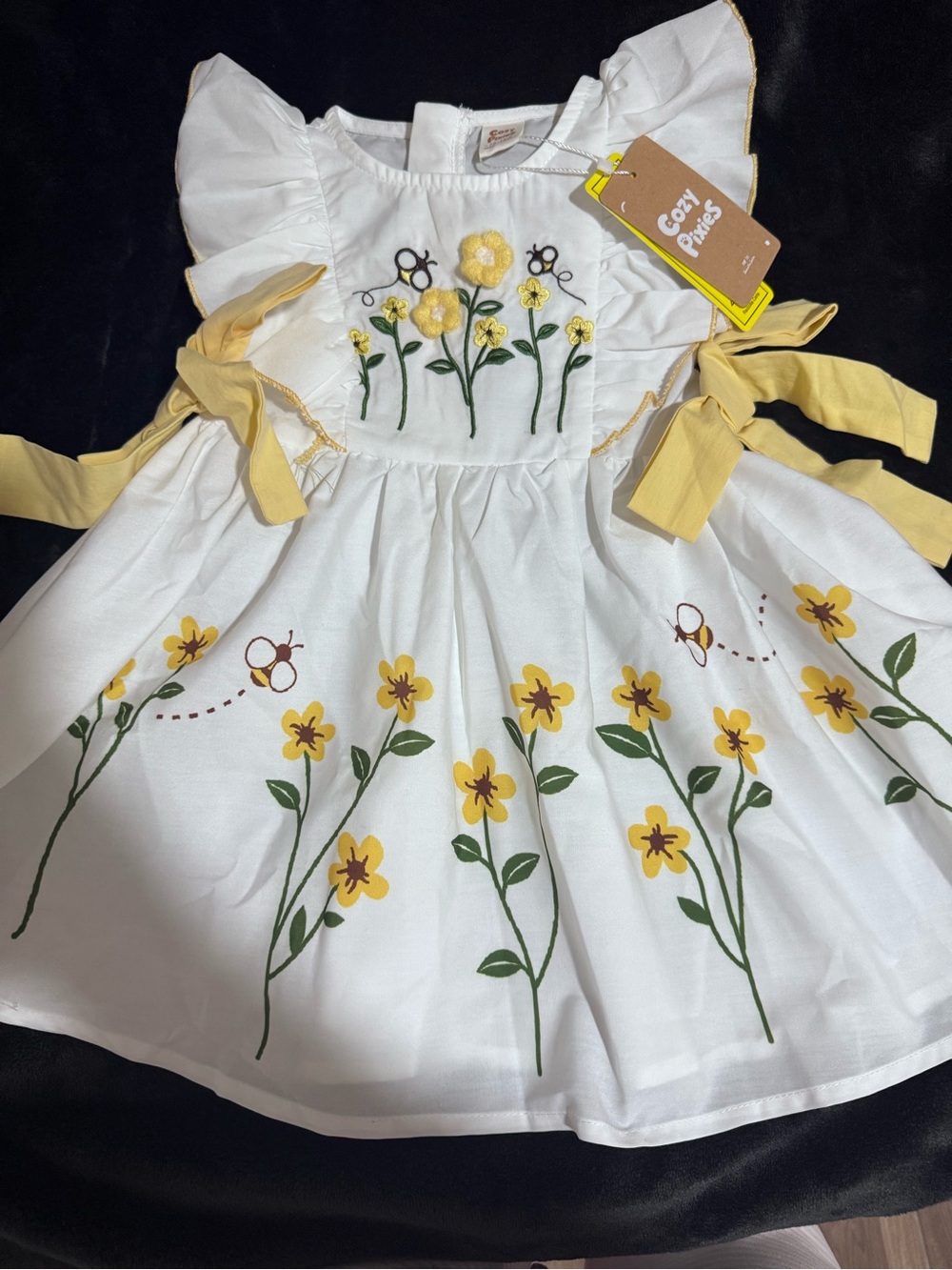 Girls' White Dress with Yellow Floral Embroidery